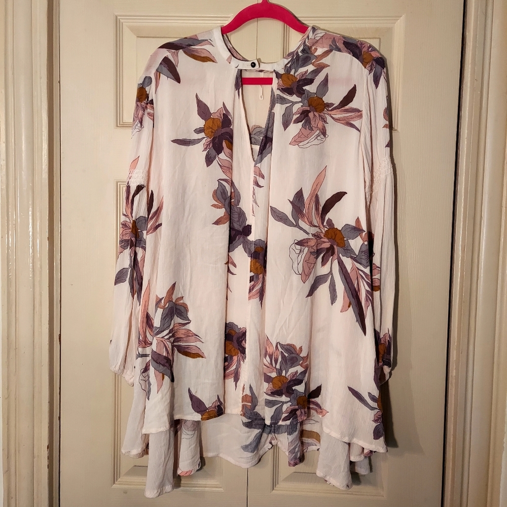 Free People White and Purple Asymmetrical Tunic with Mandarin Collar